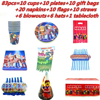 

Hot 83Pcs Roblo Game Theme Cup Plate Napkin Kids Boy Birthday Party Decoration Party Event Supplies Favor Item for 10 People Use