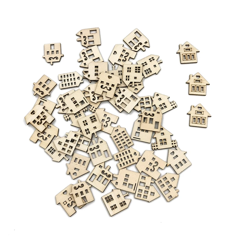 50PCS Wood Craft Shapes House Shaped Wood Embellishment Cutout Veneers