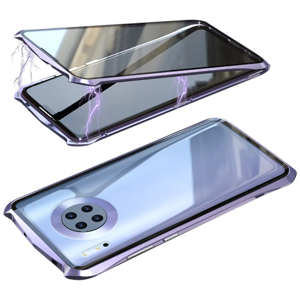 Фиолетовый Противоударный чехол для телефона 9H из закаленного стекла для HUAWEI mate 30 6,62 дюймов Магнитный адсорбционный металлический бампер стеклянный чехол - Цвет: Фиолетовый