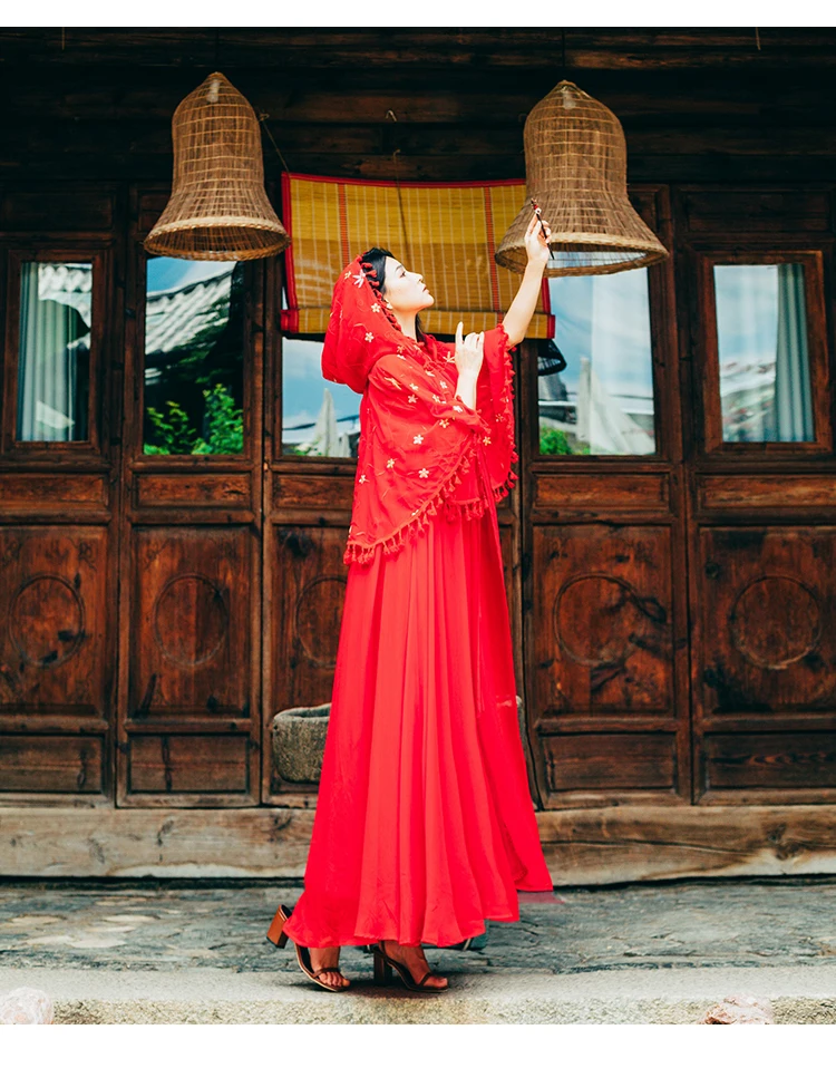 Ретро стиль художественного искусства улучшенное Hanfu средней длины бахромой шаль накидка вышитые двухсекционное платье