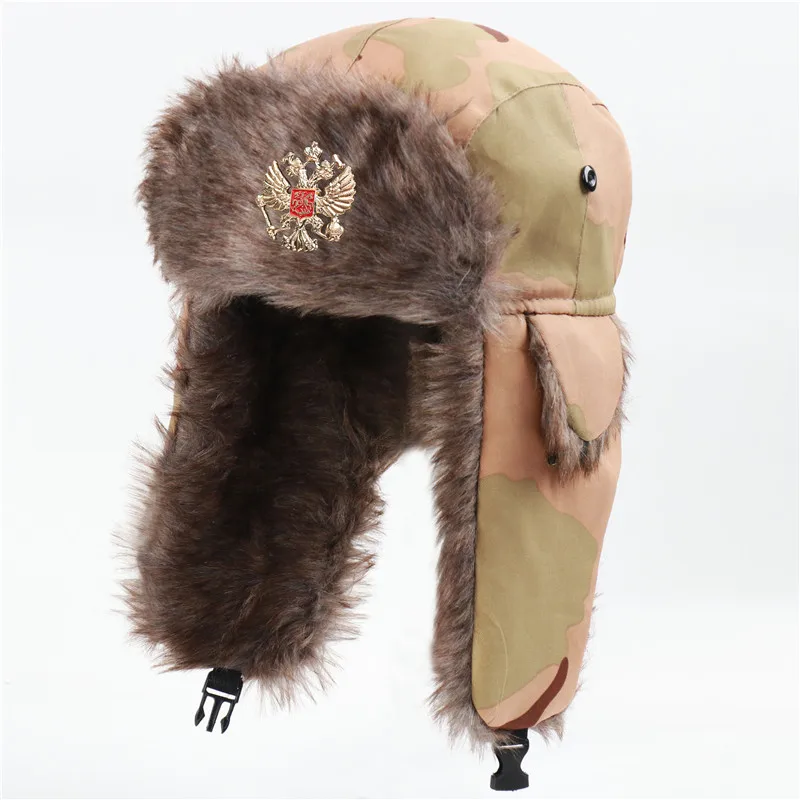 waterproof bomber hat CAMOLAND Winter Warm Bomber Hat Women Men Military Army Soviet Badge Russia Ushanka Cap Outdoor Faux Fur Earflap Caps mad bomber leather rabbit fur hat Bomber Hats