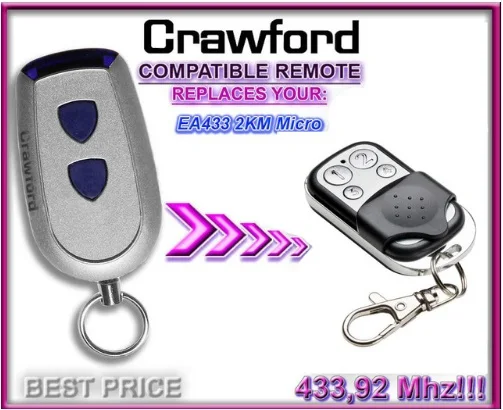 

Garage door remote control for Crawford 2KM Micro rolling code remote replacement