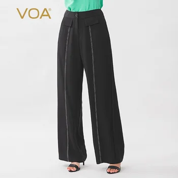 

VOA silk 36mm black heavy weight oblique insertion bag micro elastic Tibetan meat wide leg pants harajuku pantalon femme K1219