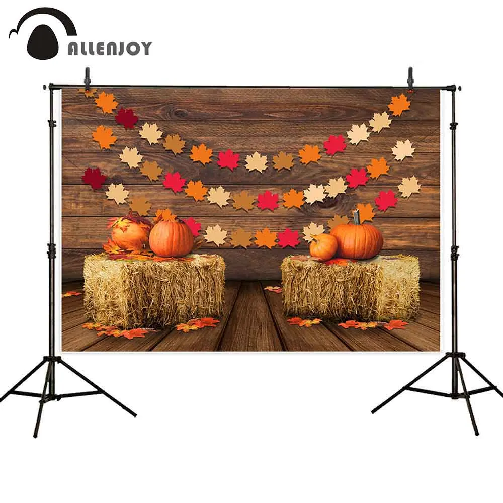 

Allenjoy photography fall backdrops autumn pumpkin barn maple leaves banner straw wood wall floor children background photophone