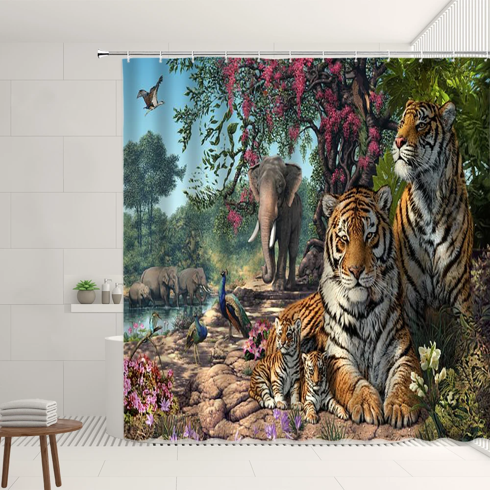 Wild Animal Shower Curtain Ferocious Tiger Elephant Peacocks Tropical Forest Waterfall Living Room Wall Covering Bathroom Decor | Дом и сад