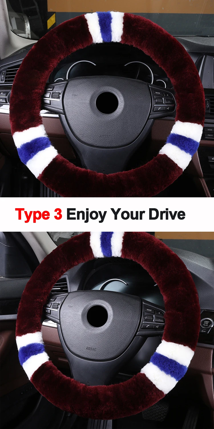 Wool True Leather Car Steering Wheel Cover Fit For 36-42 CM 14.2"-16.5" Braid on Steering-Wheel Auto Carpet Winter Warm Soft