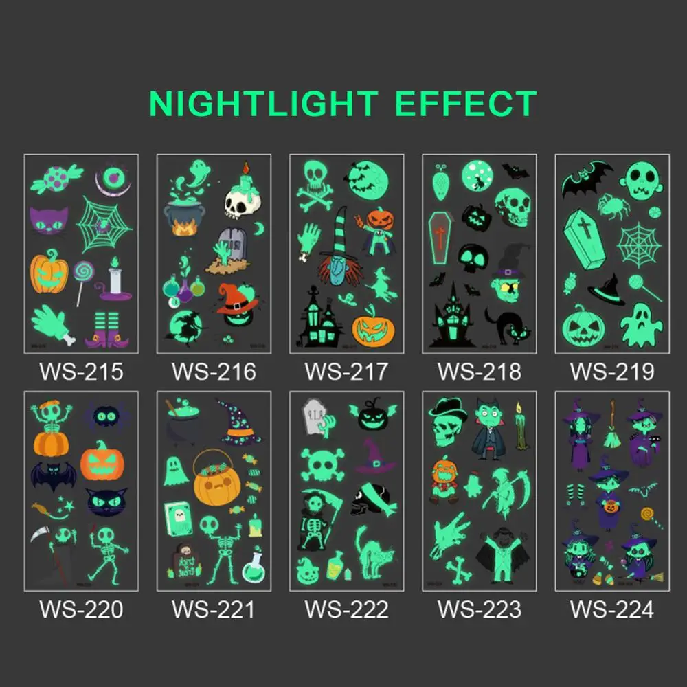 

Halloween Tattoo For Children Glowing Dark Taty Waterproof Fake Tattoo Luminous Tattoo Stickers Body Art Cartoon Tattoo