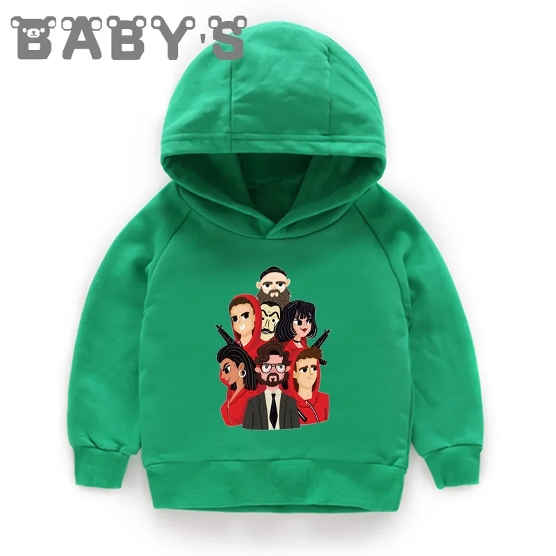 Детские толстовки с капюшоном Детские свитшоты La Casa De Papel Money Heist пуловер для малышей Топы для маленьких девочек и мальчиков, забавная одежда KMT5329 - Цвет: 5329K-Green