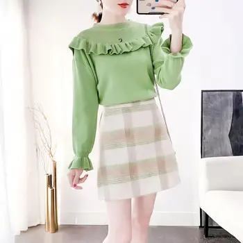 

New winter skirt fashion suits skirt falbala sweater grid skirt two-piece outfit knitwear pullover top clothes sweet vestido