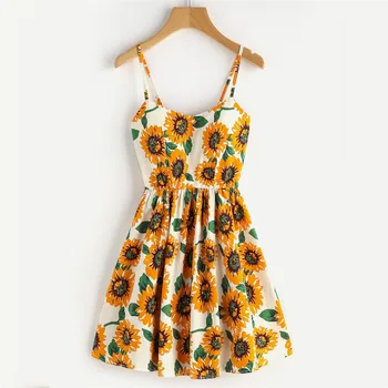 

New 2020 Dress Summer Chamsgend Crisscross Backless Sunflower Dress Women V Neck Off Shoulder Strap Mini Dress A-Line Vestido