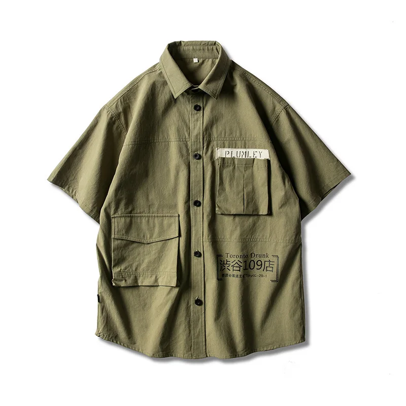 

#0919 Summer Short Sleeve Shirt Men Patchwork Pockets Japanese Streetwear Hip Hop Shirts For Men Vintage Cargo Shirt Men Casual
