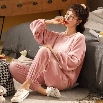 

Female Pink 2PCS Flannel Pajamas Set Sexy O-Neck Shirt&Pant Pyjamas Sleep Suit Sleep Wear Autumn Winter New Loose Home Clothes