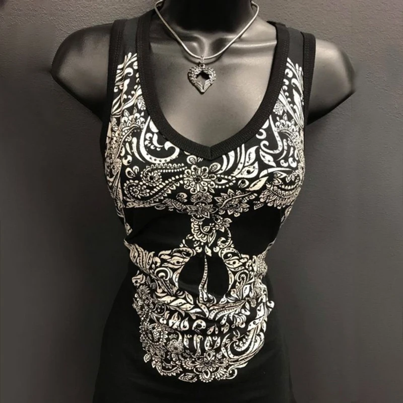 Indie Streetwear Skeleton Print Graphic Sleeveless Tee Cami Tank Y2k Sexy Aesthetic Harajuku Gothic Emo intage Tank Tops Women