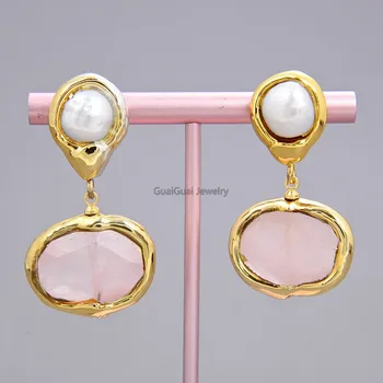 

GG Jewelry Natural Rose Quartz Crystal Cultured White Pearl Golden Plated Earrings