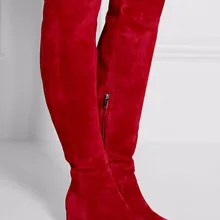 Модные красные замшевые высокие сапоги на квадратном каблуке; стильные женские сапоги до колена с круглым массивным каблуком; Новое поступление