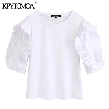 

KPYTOMOA Women 2020 Sweet Fashion Ruffled White Blouses Vintage O Neck Short Sleeve Female Shirts Blusas Chic Tops