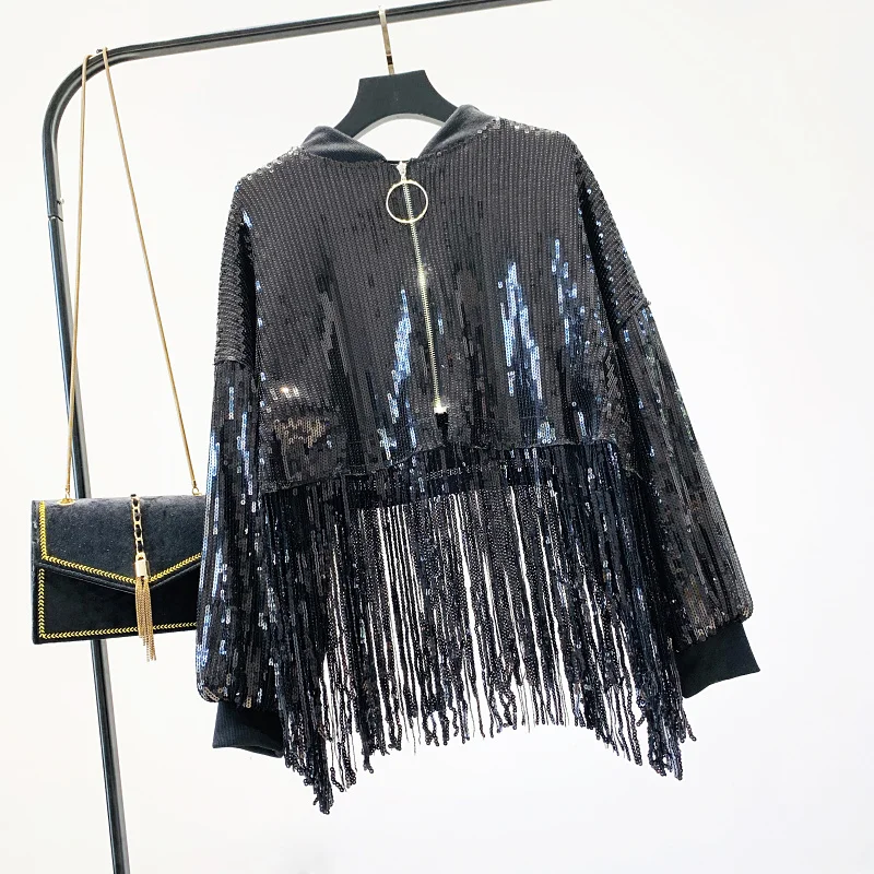 

Bling Silver/Gold Sequined Basic Jacket Coat Autumn Female Tassel Bomber Jacket Women Singer Platform Baseball Jackets SA369S30