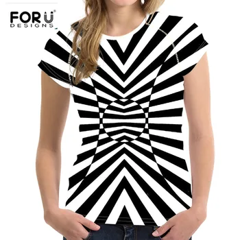 

FORUDESIGNS Newest Summer Style Fashion Stripe Print Short sleeved Tees Women Black And White Vertigo Hypnotic Stripe 3D T shirt