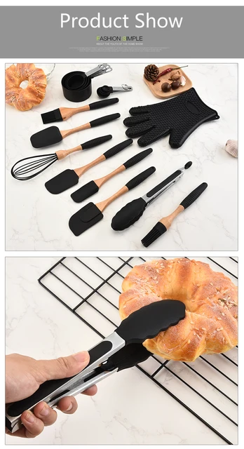 Silikon Holz Kochen Utensilien Spachtel Pinsel Scraper Pasta Server  Handschuhe Schneebesen Schwarz Küche Kochen Werkzeuge Geschirr