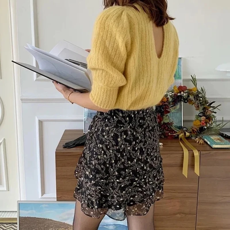 2020 Early spring Women short sweater mohair blended ladies Retro bubble sleeves backless knittear pullover top female knitwear | Женская