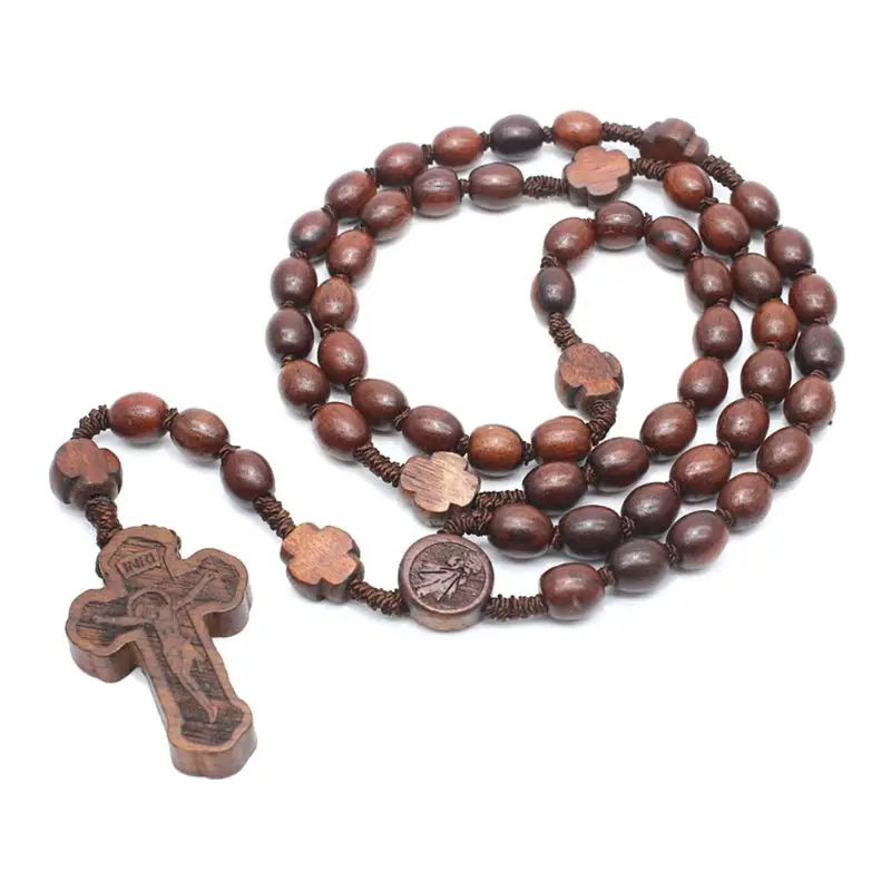 Деревянные четки ожерелье s крест кулон религиозный ручной работы круглые бусы католическое ожерелье для мужчин и женщин