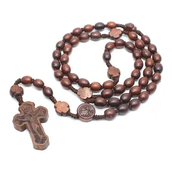 

Wooden Rosary Necklaces Cross Pendant Religious Handmade Round Beads Catholic Necklace for Men Women