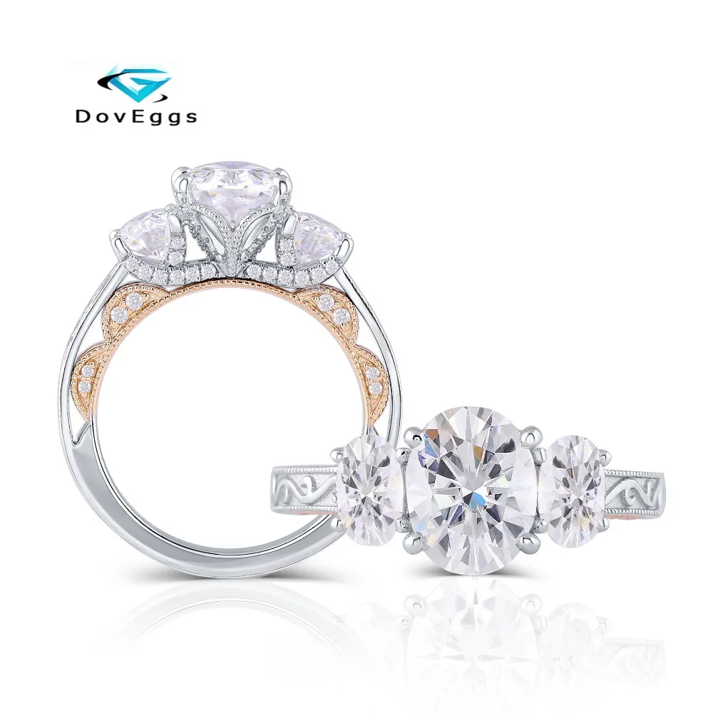 DovEggs подлинное 14 к 585 Белое золото центр 7*9 мм 4*6 мм Овальный цвет GH Moissanite 3 Камень Обручальное кольцо для женщин