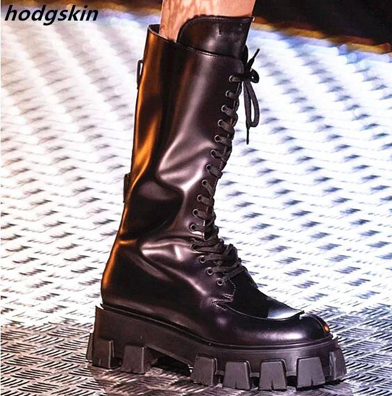 

2019 Fashion Autumn Patent Leather Thick Sole Women Boots Boot Woman Lace Up Runway Mid-Calf Boots Shoes