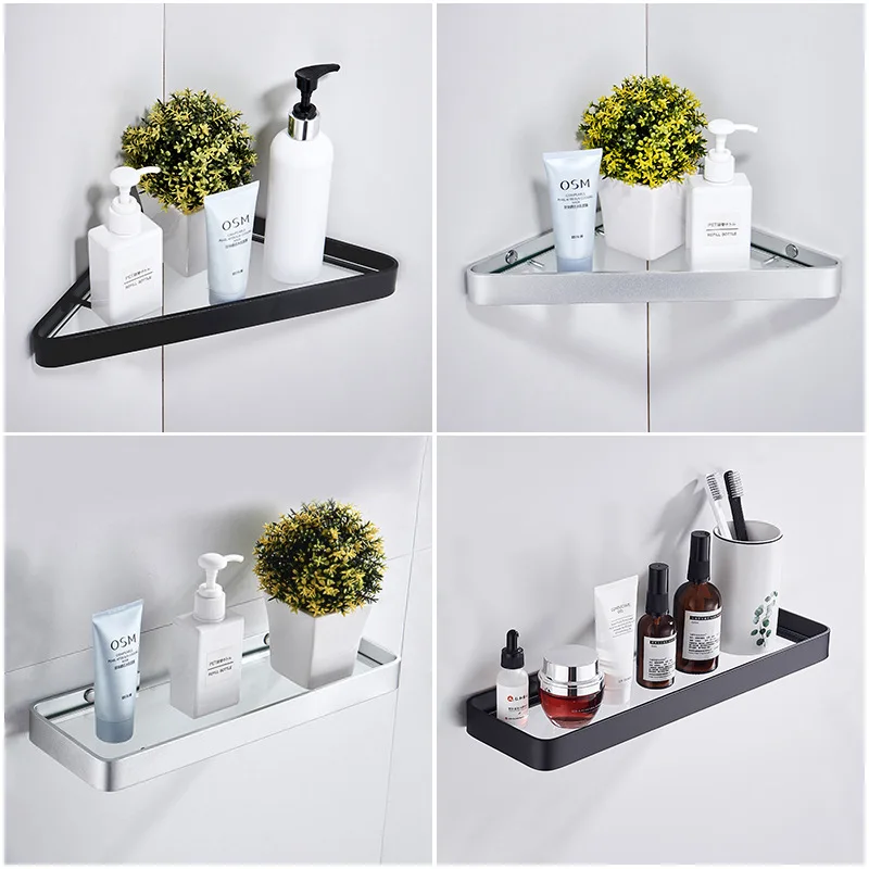 Bathroom Shelf Bath Shower Shelf Nail Free Glass Satin Bathroom Corner shelf Aluminum Kitchen Storage holder