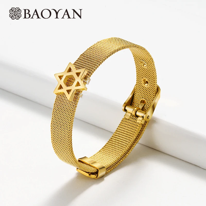 BAOYAN браслет с шармом из нержавеющей стали, золото, серебро, Регулируемый Браслет-манжета, простой титановый сетчатый Браслет для женщин - Окраска металла: SSBTG142-16146-G