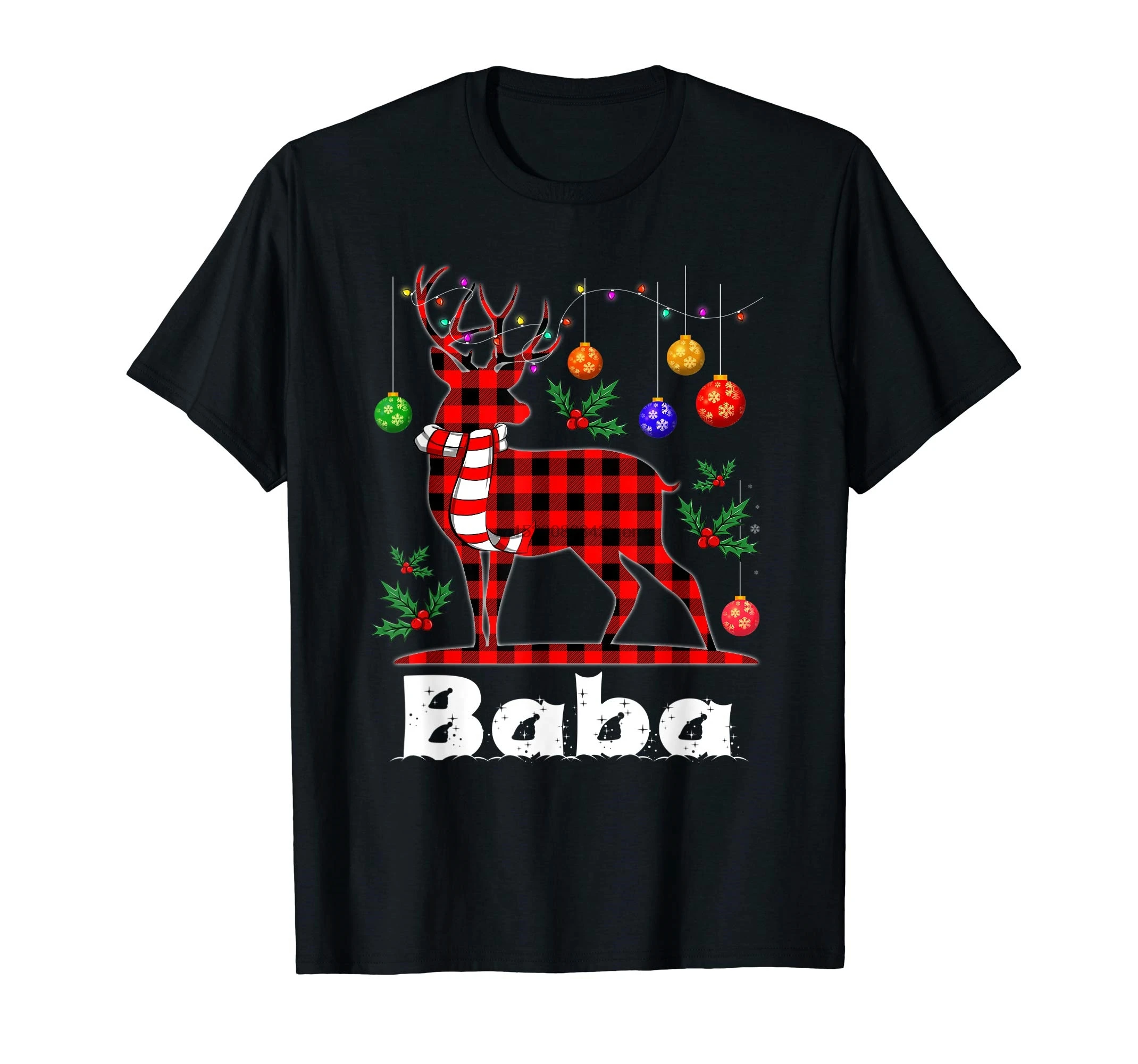 Baba Reindeer Plaid Pajama Shirt Matching Family Christmas T-Shirt-Men's T-Shirt-Black |
