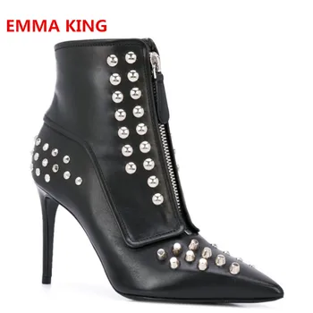 

2019 Brand New Rivet Ankle Boots For Women Pointed Toe Stilettos Black Leather Boots Front Zipper Design Stylish High Heel Shoes