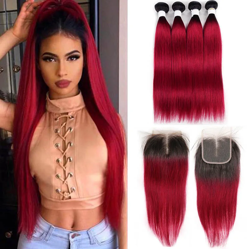 Brazilian Straight Human Hair Bundles With Closure KEMY HAIR 1B/Burgundy 4 Bundles With Closure Non-Remy Hair Weave Bundles