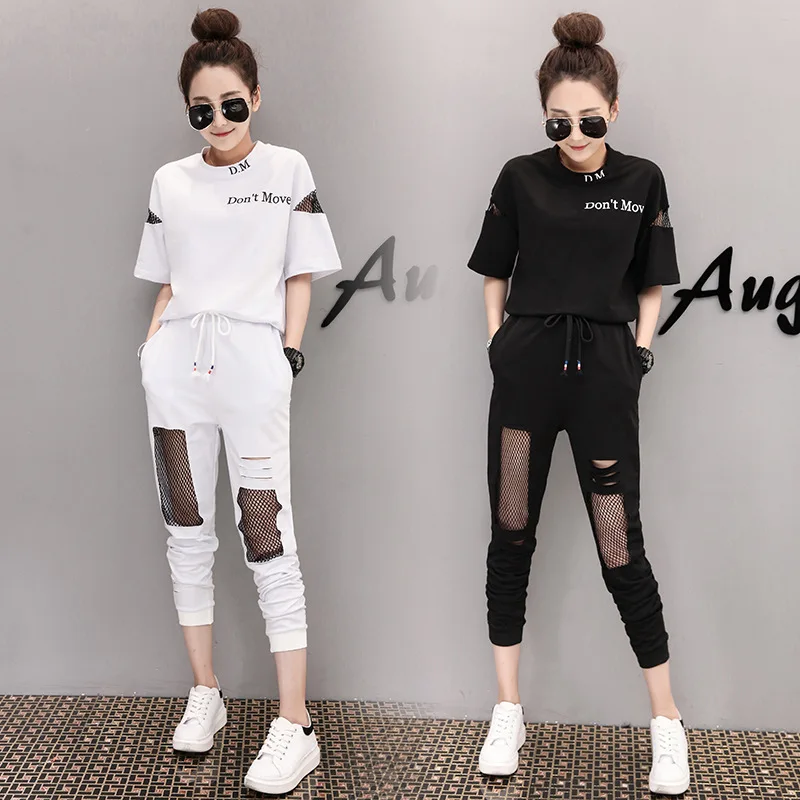 

European Station Spring Summer Crew Neck Short Sleeve Printed T-shirt with Holes Joint Grid Pants Fashion WOMEN'S Suit