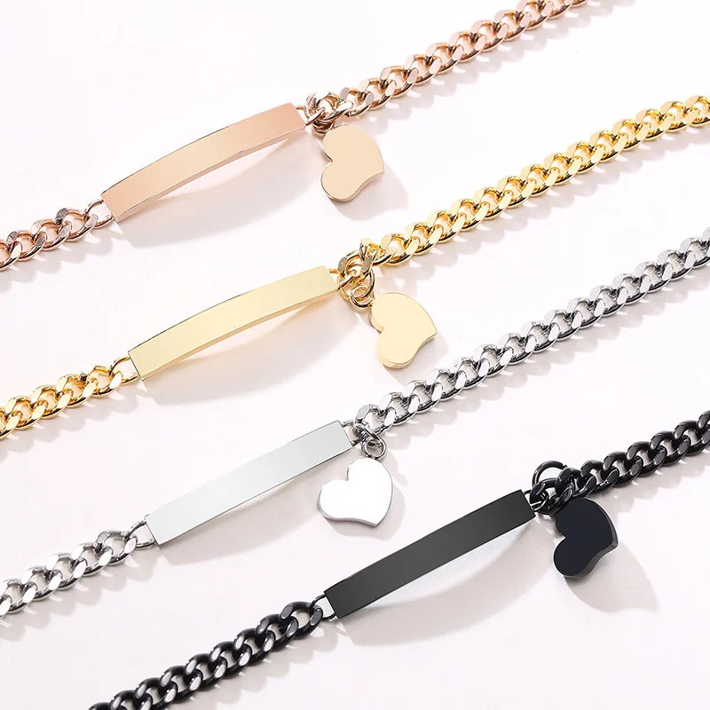 Stainless Steel Bracelet Charge Personalized Thin ID Tag Heart Women Gold Black
