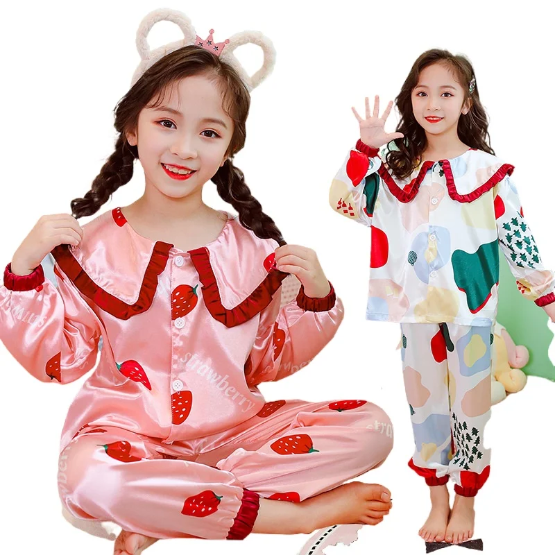 

Детская одежда для сна пижамы для детей подростков ночная рубашка для девочек Моделирование лед Шелковая пижама клубника ананас, принт с животными, комплект домашней одежды