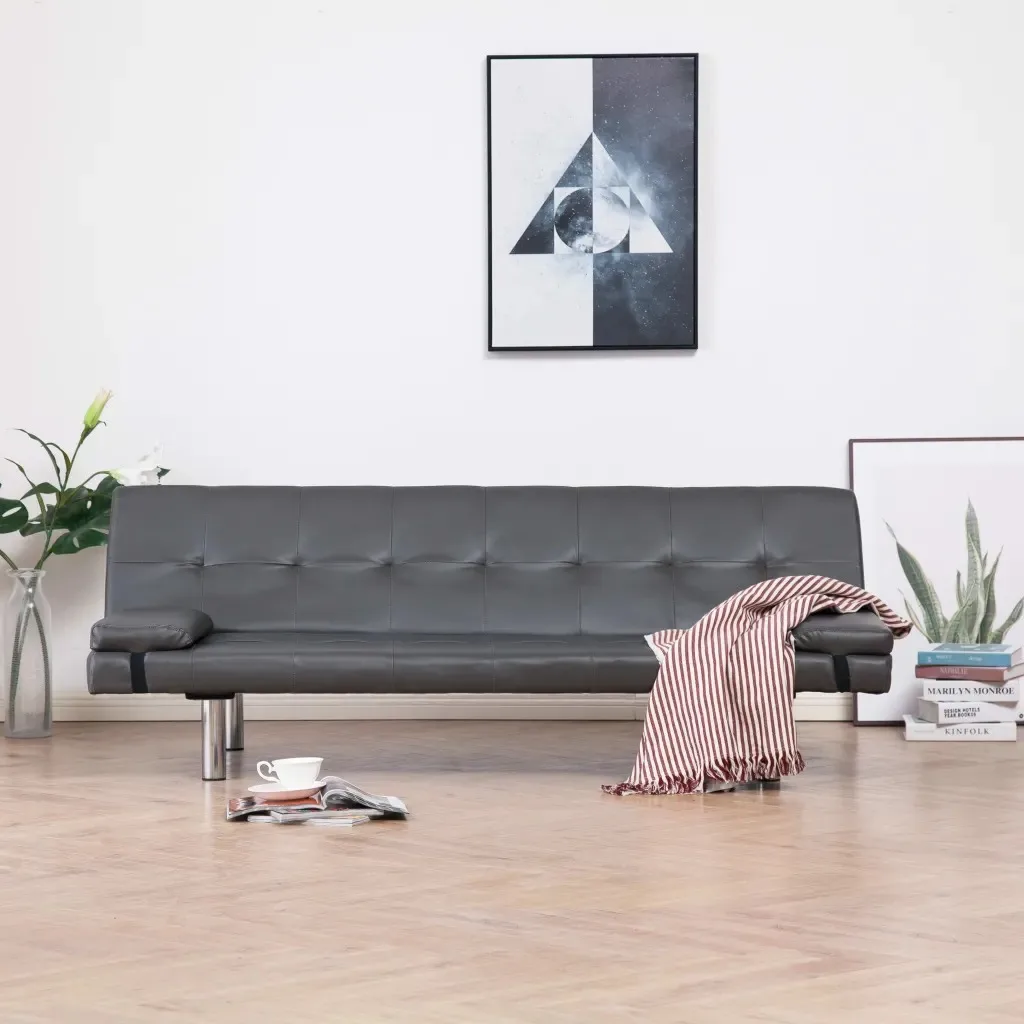 

VidaXL Gray Leatherette Sofa Bed With Two Pillows Wooden Structure And Chrome Legs Soft Adjustable Living Room Sofas V3
