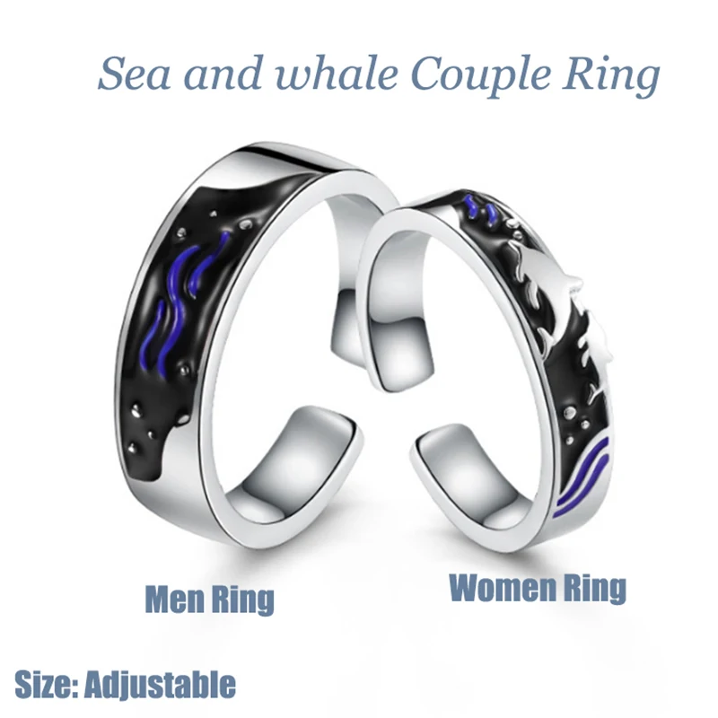Qevila New Fashion Rings Jewelry Romantic Sea and Whale Enamel Adjustable Silver Ring for Women Lover Men Ring Anniversary Gift (3)