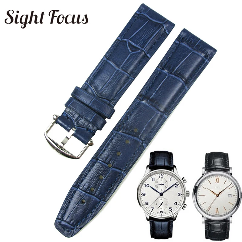 20mm (Buckle 18mm) Blue Black Watch Band Men for IWC Portofino Leather Strap Replacement Watchband Belts Pin Buckle Montre | Наручные