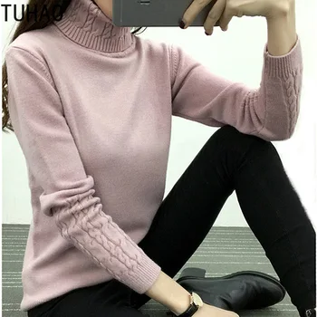 

TUHAO 2019 Fall/Winter Turtleneck Female Student Backing Shirt Long Sleeve Solid Color Knitted Print Pullovers office lady LZ83