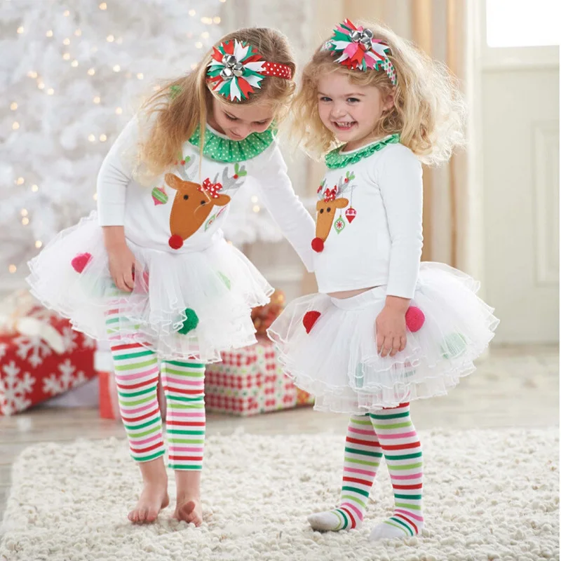 Leoie 2PCS/Set Children Girls Christmas Suit Cartoon Elk Shirt Stripe Pants Top and Trouser Homewear Set