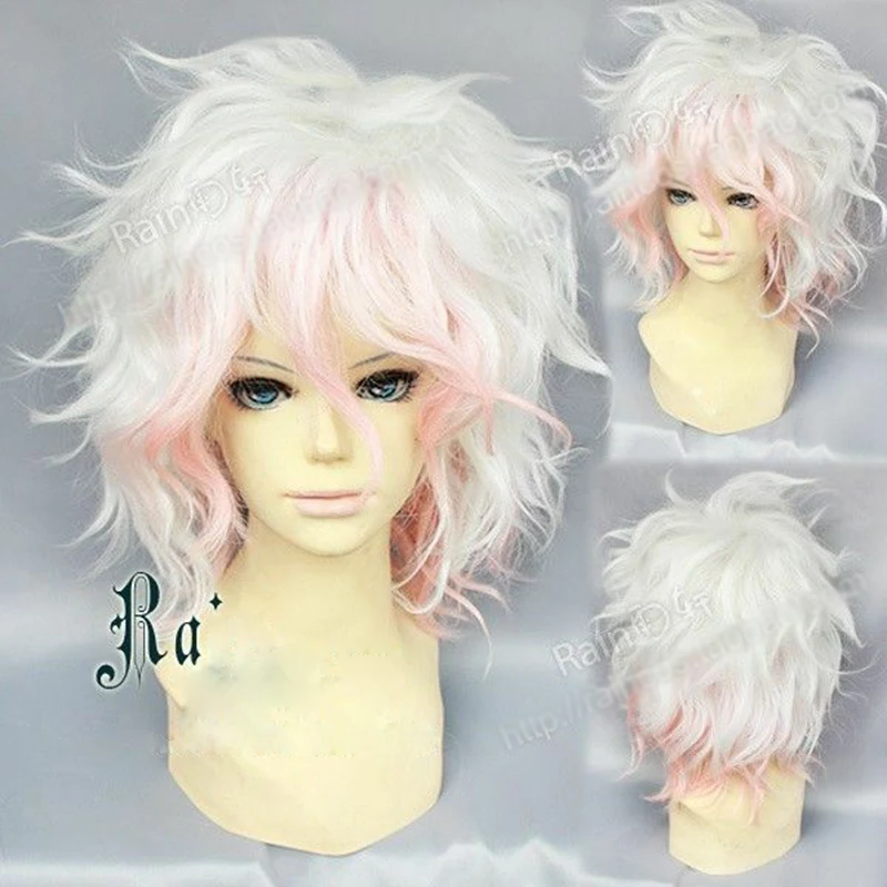 Парик Danganronpa Dangan Ronpa Nagito Komaeda короткие кудрявые белые розовые термостойкие