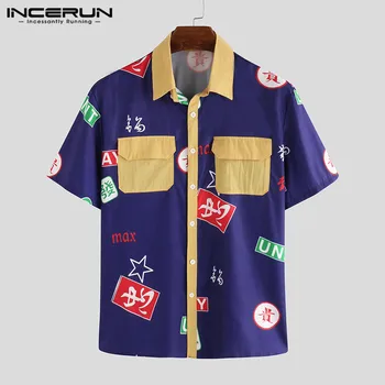 

INCERUN Summer Printed Men Hawaiian Shirt Personality Lapel Pockets Short Sleeve Tops Streetwear Casual Shirts Camisa S-3XL 2020