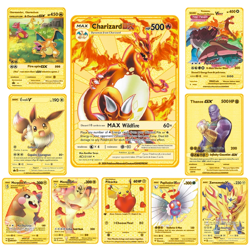 pokemon french metal card game anime battle card gold charizard pikachu collection card action figure model child toy game collection cards aliexpress pokemon french metal card