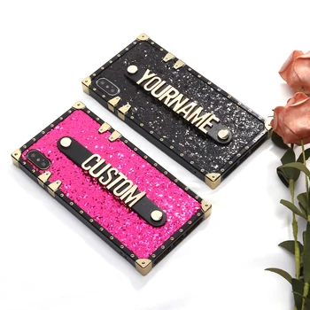 

Custom Glitter Trunk Case Holding Strap Gold Metal Personalized Name Phone Case For iPhone 11 Pro 6S XS Max XR 7 7Plus 8 8Plus X
