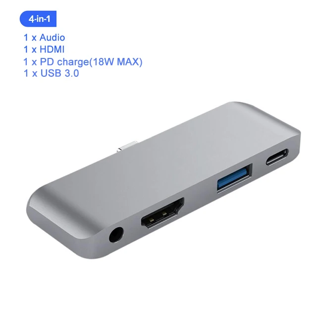 4-in-1 Silver GOOJODOQ USB C концентратор 60 Вт PD Зарядка для iPad Pro MacBook Air переключатель в HDMI USB 3,0 адаптер type-C телефон с разъемом для передачи данных для наушников - Цвет: 4-in-1 Silver