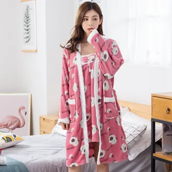 

Sleep Set Warm Flannel Women Kimono Bathrobe Gown Coral Fleece Long Sleeve Sleepwear Nightdress Home Clothing Winter Homewear