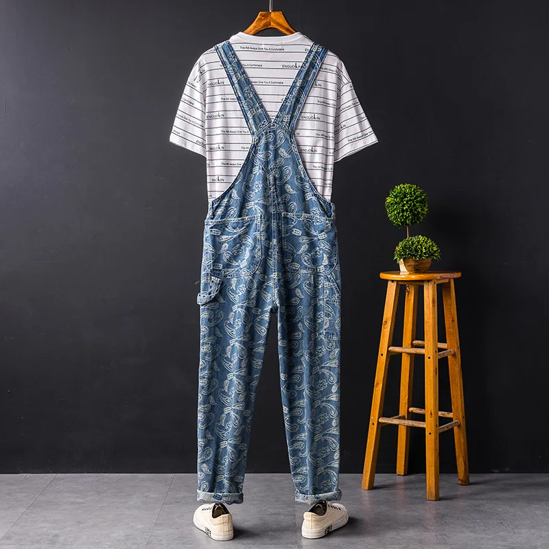 Man Bib Overalls Suspender Pants Straight Printing Jeans Loose Large Size Hip Hop Street Dance Jumpsuits Fashion Denim Trousers