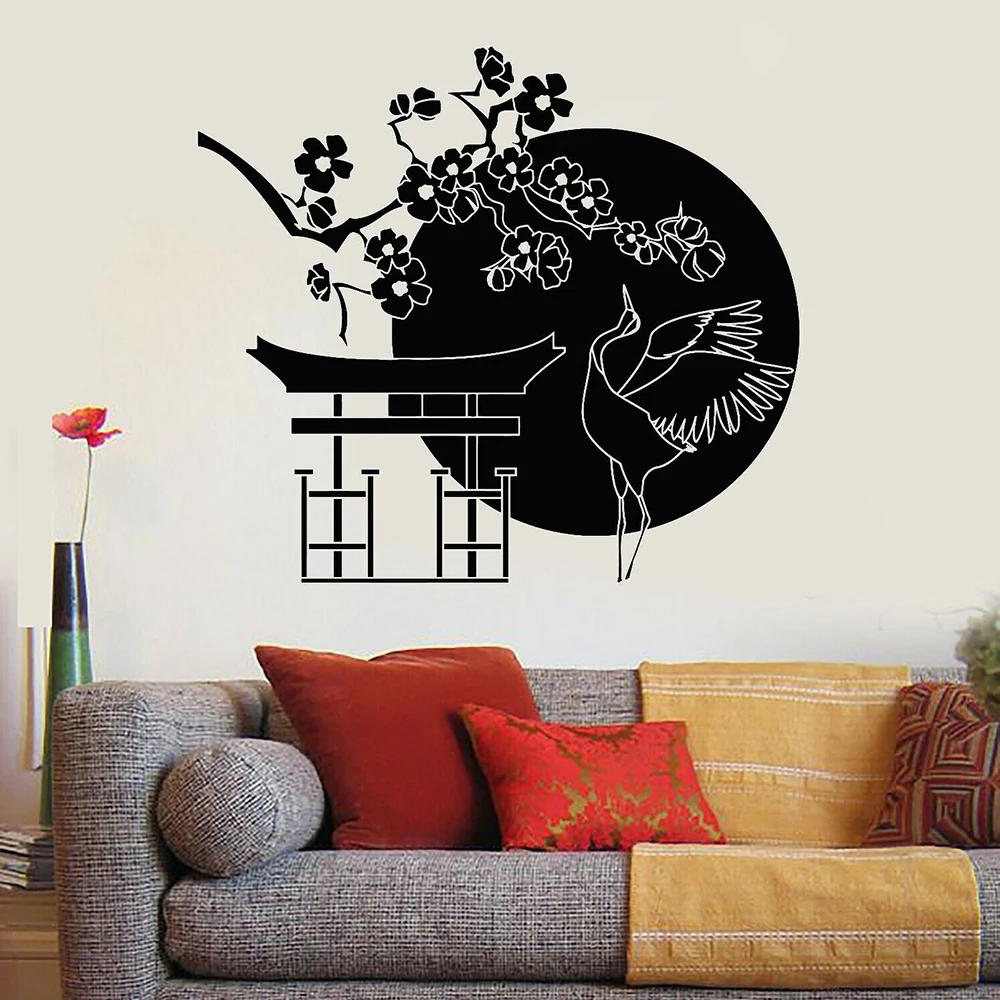 Flower Tree Branch Wall Decal Japanese Bird Stork Art Door Window Vinyl Sticker Living Room