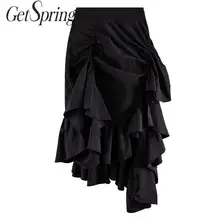 Getвесенняя Женская юбка с рюшами, рыбий хвост, юбки с высокой талией, черная Асимметричная юбка с завязками, универсальная Длинная женская юбка, Весенняя Новинка